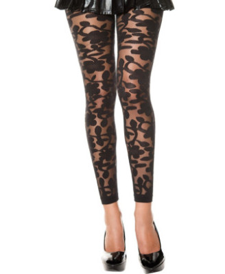 Legging noir fin transparent motif fleuri 